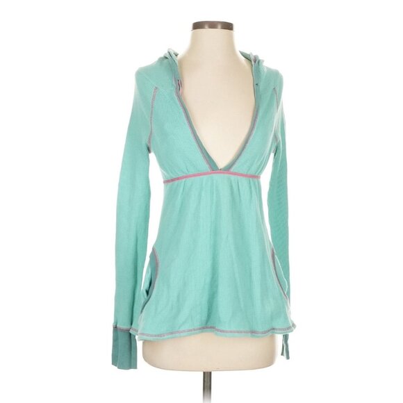 RARE Vtg Free People Hooded Waffle Knit Thermal • Boho Y2K Babydoll Teal Grunge - Picture 3 of 11